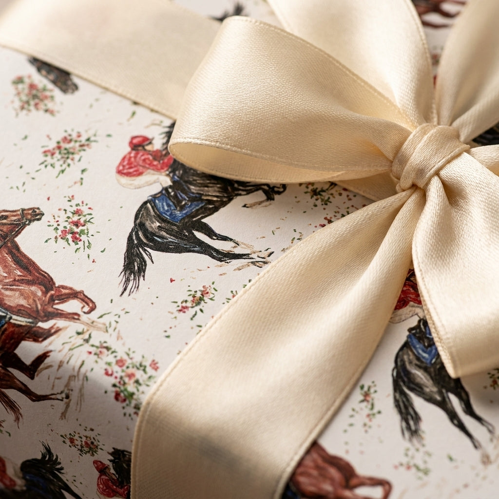 Equestrian wrapping paper with vintage horse racing pattern and cream satin bow by Wrapped Studios.