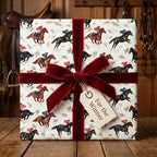 Luxury horse racing wrapping paper with red velvet bow, equestrian gift wrap from Wrapped Studios.