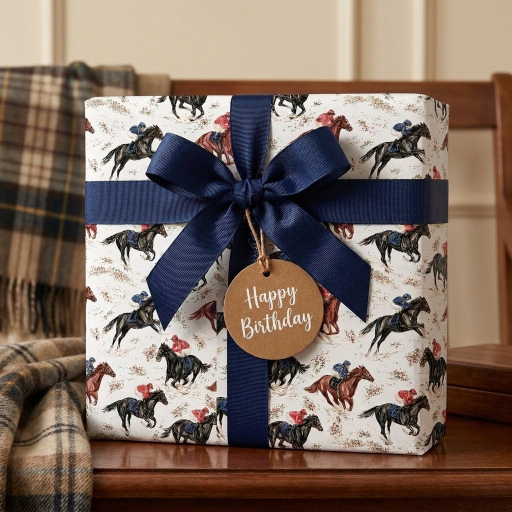 Equestrian horse racing birthday wrapping paper with navy blue bow and tag by Wrapped Studios.