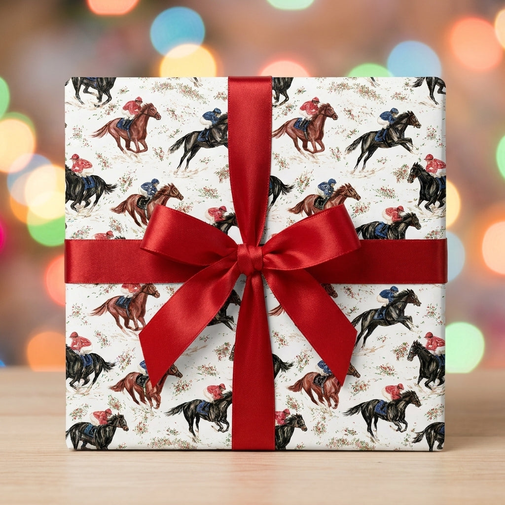 Equestrian horse racing wrapping paper with a red satin bow by Wrapped Studios.