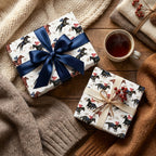 Equestrian wrapping paper by Wrapped Studios, featuring horse pattern gifts with a navy blue satin bow.