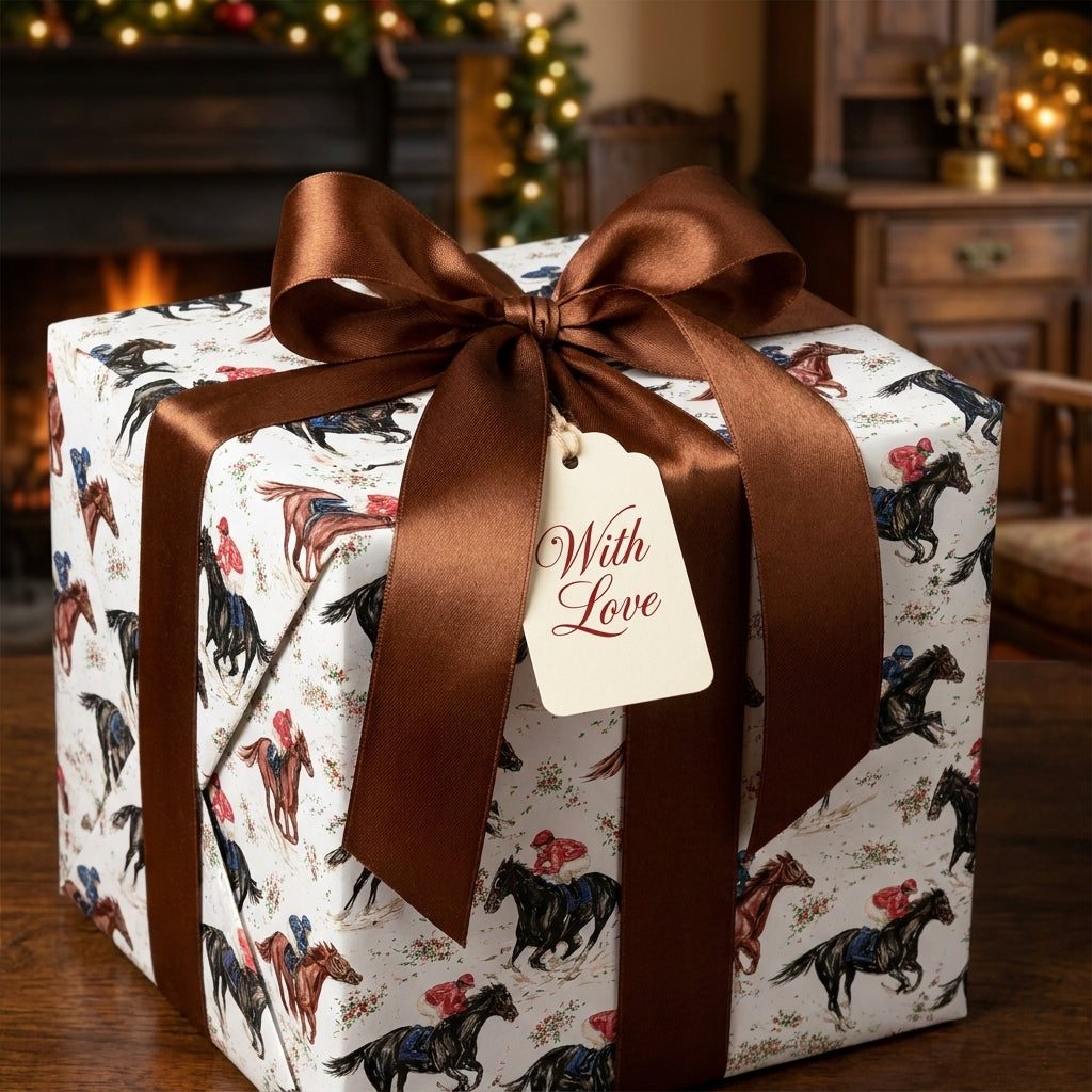 Equestrian horse racing wrapping paper with a brown satin bow by Wrapped Studios.