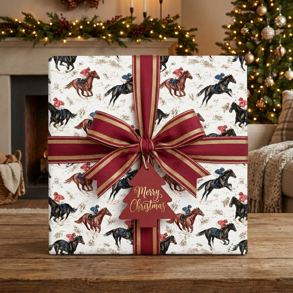 Equestrian Christmas wrapping paper featuring a vintage horse racing print and red bow by Wrapped Studios.