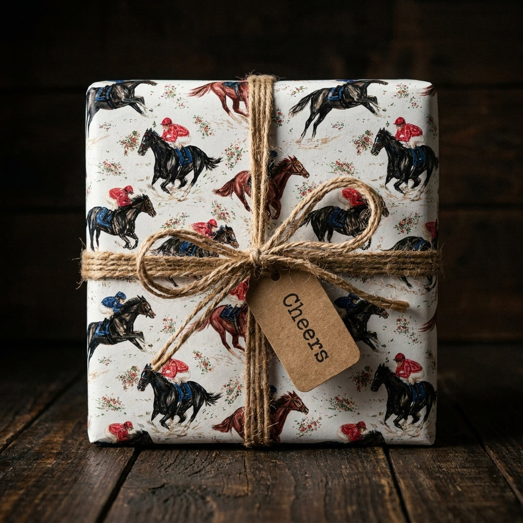 Vintage horse racing wrapping paper on a gift tied with rustic twine by Wrapped Studios.