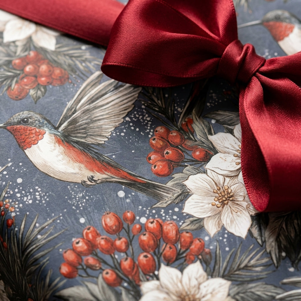 Vintage hummingbird Christmas gift wrap with red berries and a satin bow. Elegant holiday paper by Wrapped Studios.