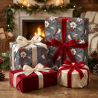Luxury Christmas wrapping paper with vintage winter birds and red velvet ribbons by Wrapped Studios.