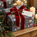 Luxury Christmas gift wrap with hummingbird pattern and velvet ribbon by Wrapped Studios.