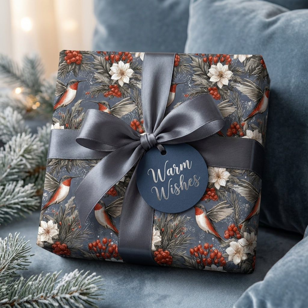 Luxury Christmas wrapping paper with a winter bird floral pattern and grey satin ribbon by Wrapped Studios.