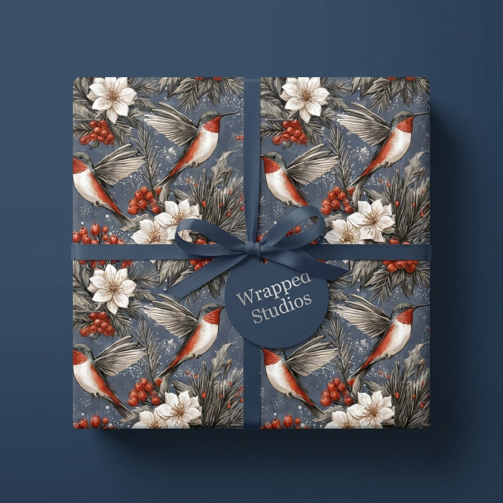 Luxury Christmas gift wrap with vintage bird and floral pattern by Wrapped Studios.