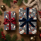 Vintage winter bird Christmas wrapping paper with elegant velvet bows on gifts by Wrapped Studios.