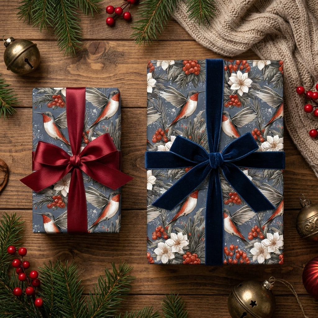 Vintage winter bird Christmas wrapping paper with elegant velvet bows on gifts by Wrapped Studios.