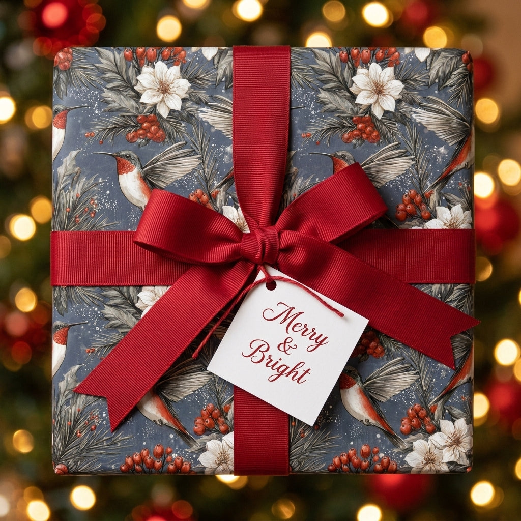 Hummingbird Christmas wrapping paper with a red bow and holiday gift tag by Wrapped Studios.