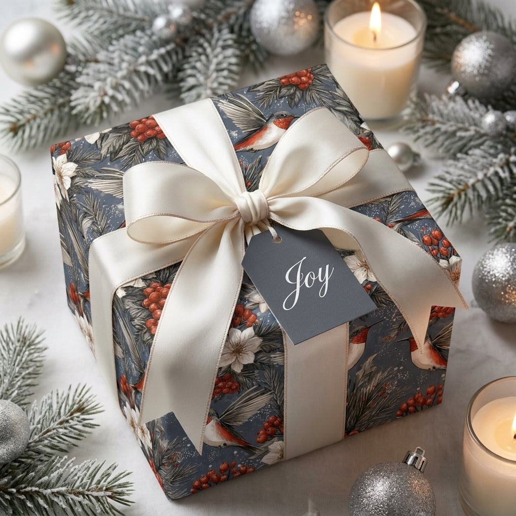 Luxury Christmas wrapping paper with bird and berry print, satin ribbon, and Joy gift tag by Wrapped Studios.
