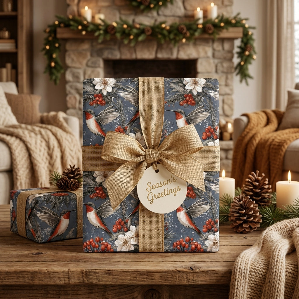 Vintage hummingbird Christmas wrapping paper with a gold burlap bow by Wrapped Studios.