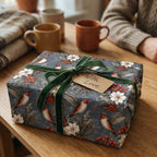 Hummingbird winter wrapping paper with green velvet ribbon on holiday gift by Wrapped Studios.