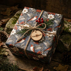 Vintage bird Christmas wrapping paper on a gift tied with rustic twine and a wooden tag by Wrapped Studios.