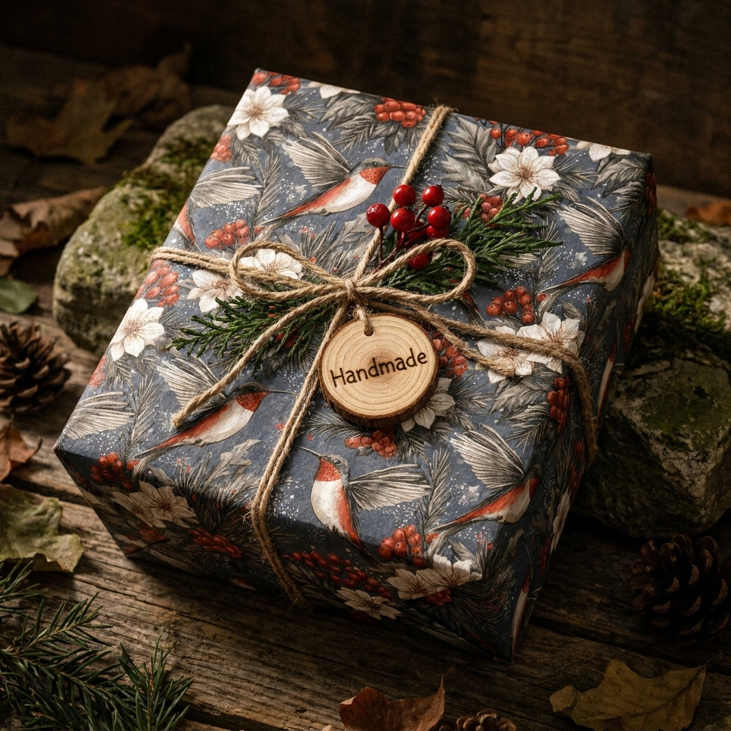 Vintage bird Christmas wrapping paper on a gift tied with rustic twine and a wooden tag by Wrapped Studios.