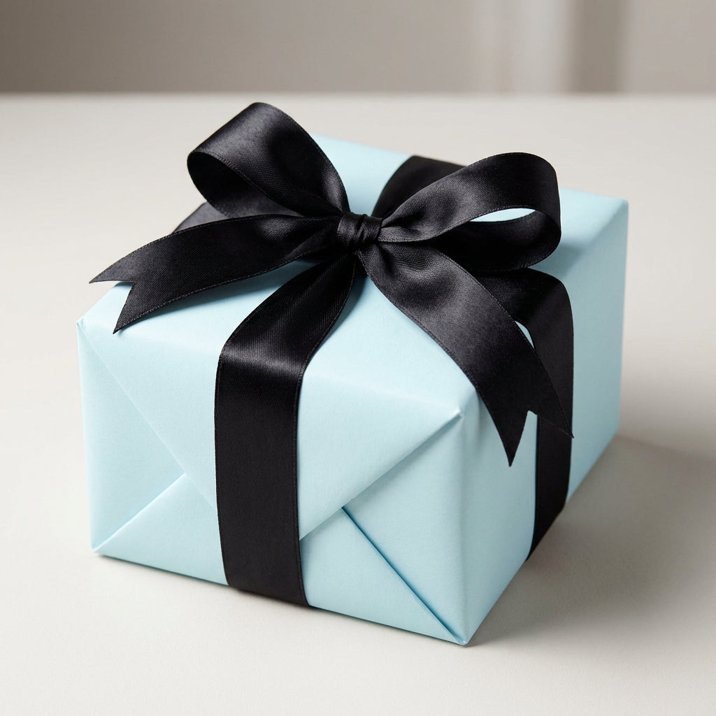 Light blue gift box wrapped with black satin ribbon and bow for birthday or special occasion.