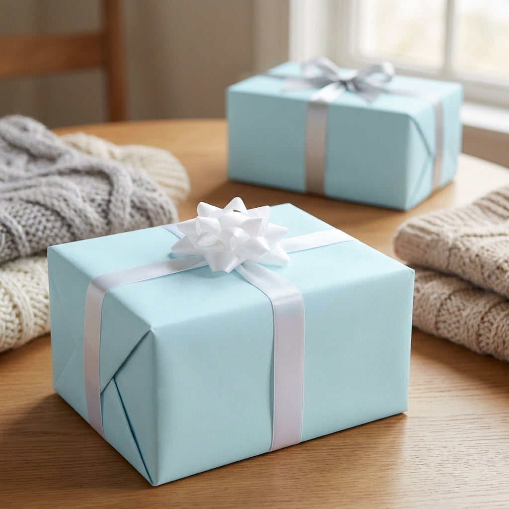 Light blue wrapping paper with white ribbon and bow on a gift box, modern minimal style.