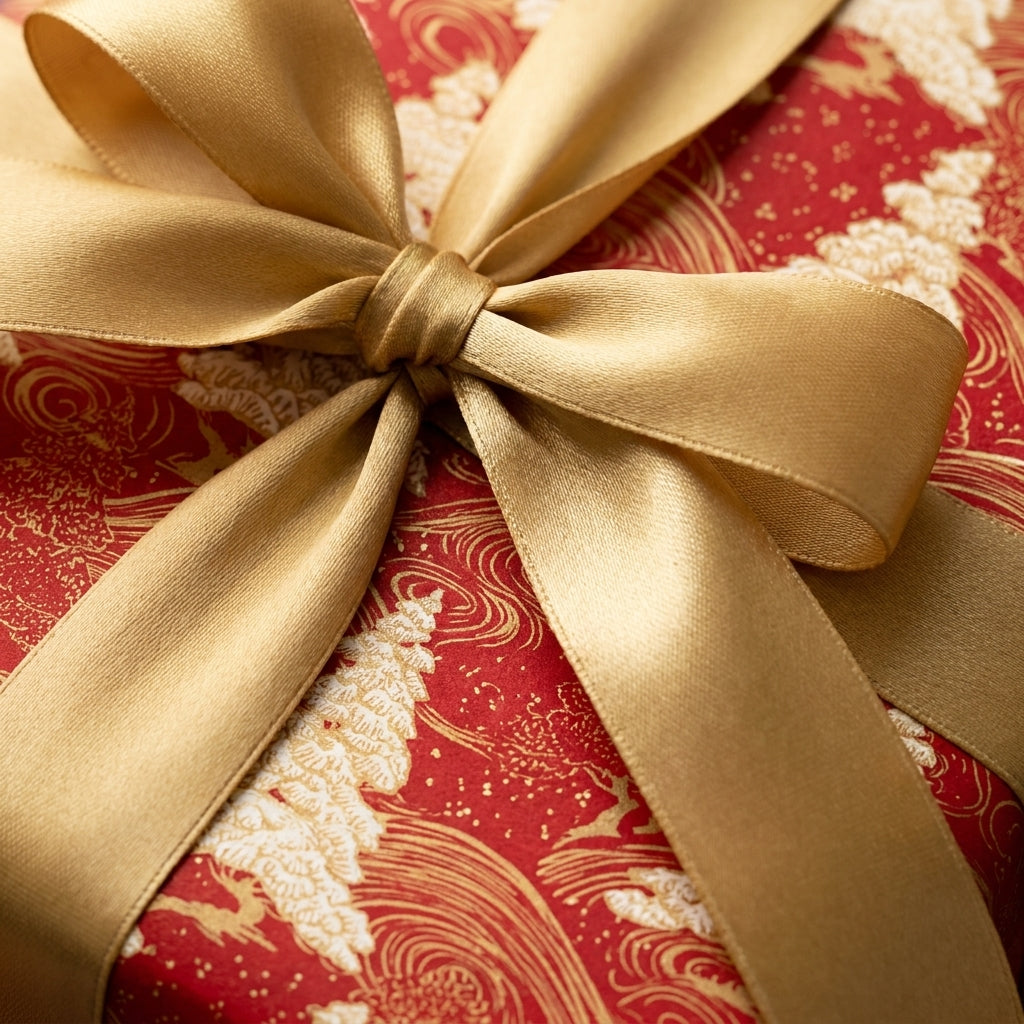 Red and gold luxury Christmas wrapping paper with tree patterns and a satin bow by Wrapped Studios.