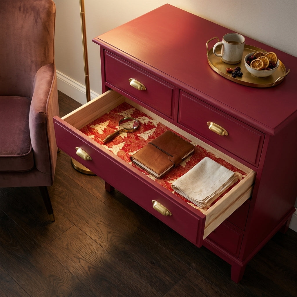 Luxury Christmas wrapping paper with gold holiday trees lining a red dresser drawer, by Wrapped Studios.