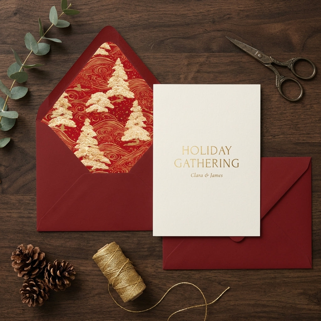 Elegant Christmas envelope liner with red and gold tree pattern and holiday invitation by Wrapped Studios.