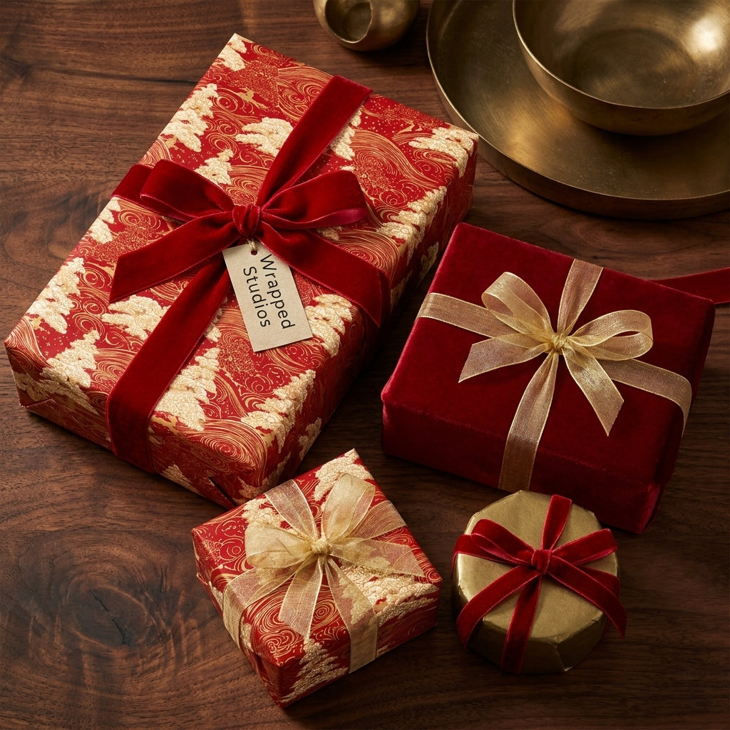 Elegant red and gold Christmas wrapping paper with luxury velvet ribbons on a wood table by Wrapped Studios.
