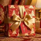 Luxury red and gold Christmas gift wrap with a satin bow and holiday tag by Wrapped Studios.