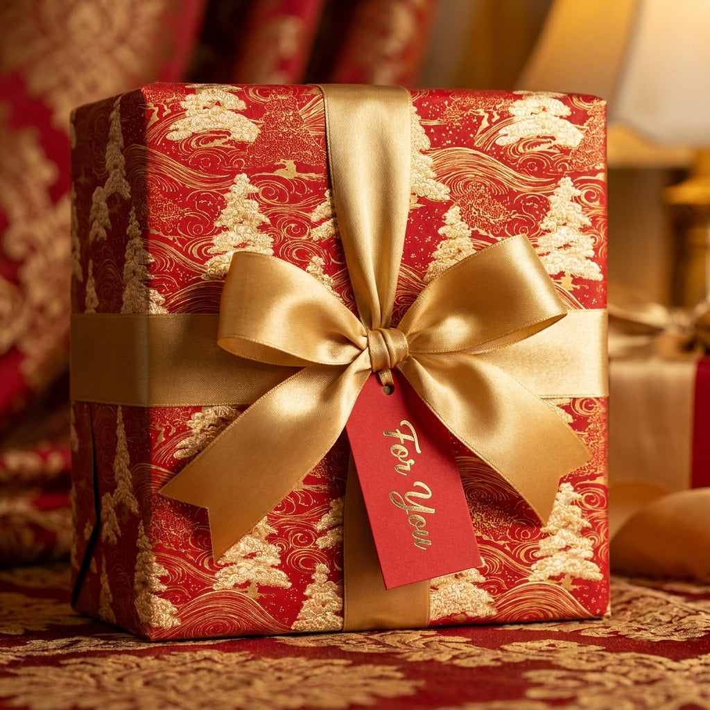 Luxury red and gold Christmas gift wrap with a satin bow and holiday tag by Wrapped Studios.