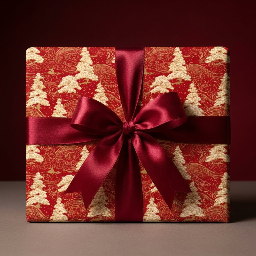 Luxury red and gold Christmas wrapping paper with holiday tree pattern and burgundy bow by Wrapped Studios.
