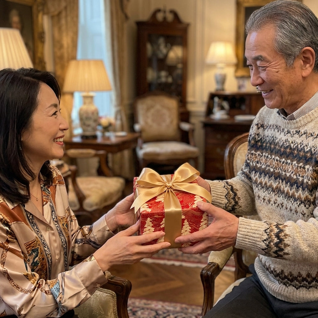 Couple sharing a gift in luxury red and gold Christmas wrapping paper with a satin bow by Wrapped Studios.