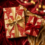 Luxury red and gold Christmas gift wrap with elegant bows and tree patterns by Wrapped Studios.