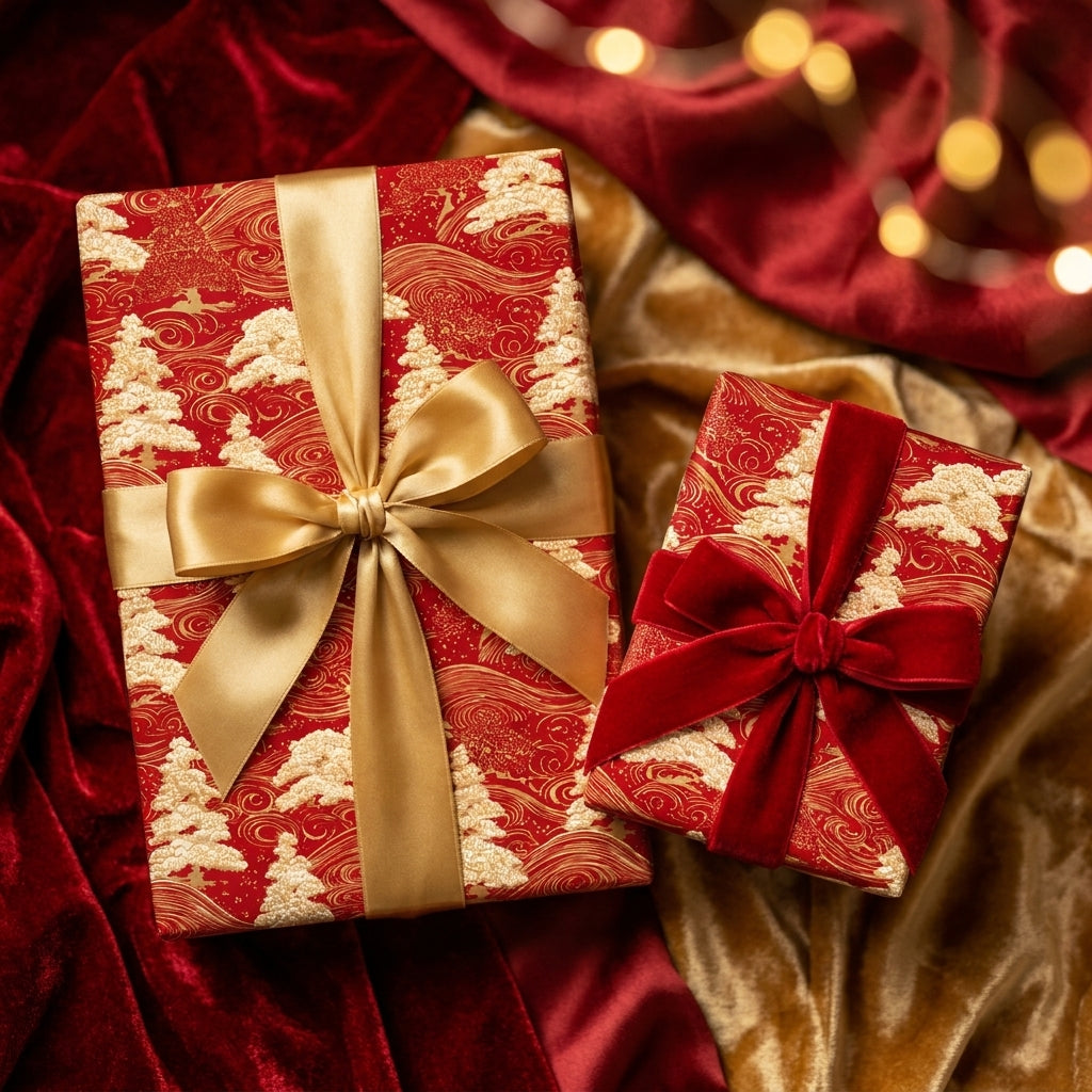 Luxury red and gold Christmas gift wrap with elegant bows and tree patterns by Wrapped Studios.