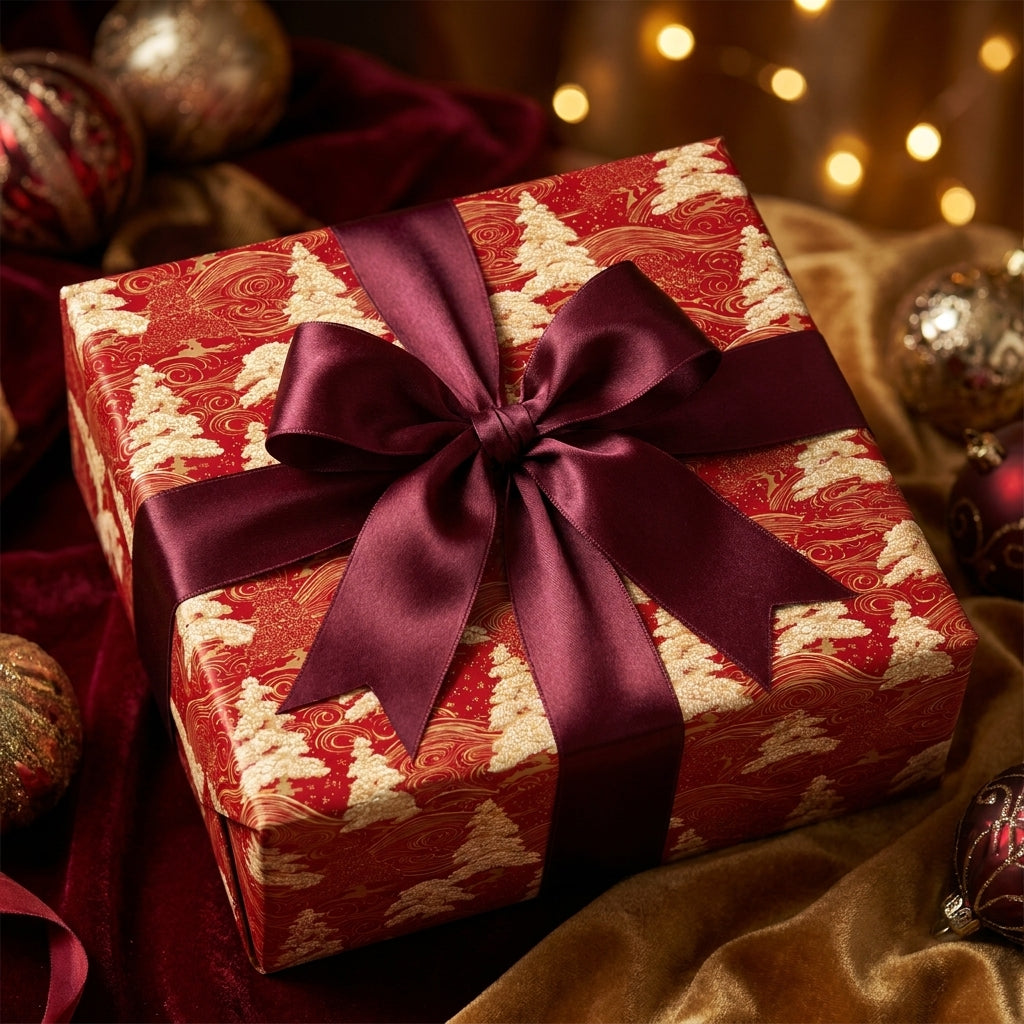 Luxury red and gold Christmas tree wrapping paper with a burgundy satin bow by Wrapped Studios.