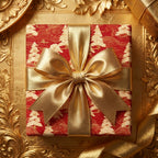 Luxury red and gold Christmas wrapping paper with elegant tree pattern and satin bow by Wrapped Studios.