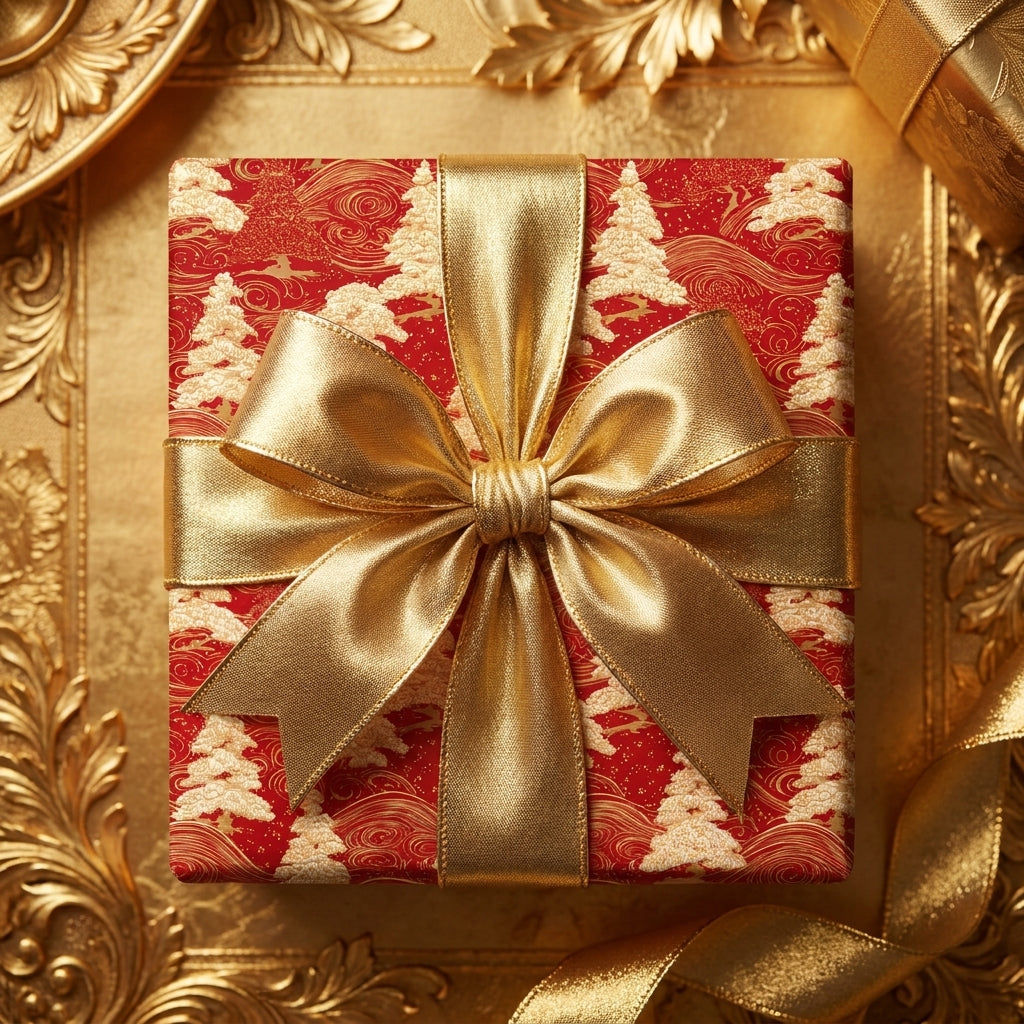 Luxury red and gold Christmas wrapping paper with elegant tree pattern and satin bow by Wrapped Studios.