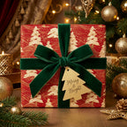 Luxury red and gold Christmas wrapping paper with a green velvet bow, by Wrapped Studios.