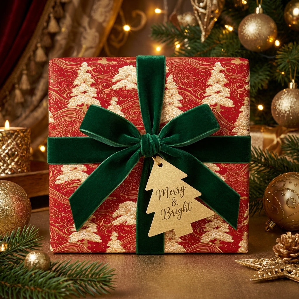 Luxury red and gold Christmas wrapping paper with a green velvet bow, by Wrapped Studios.