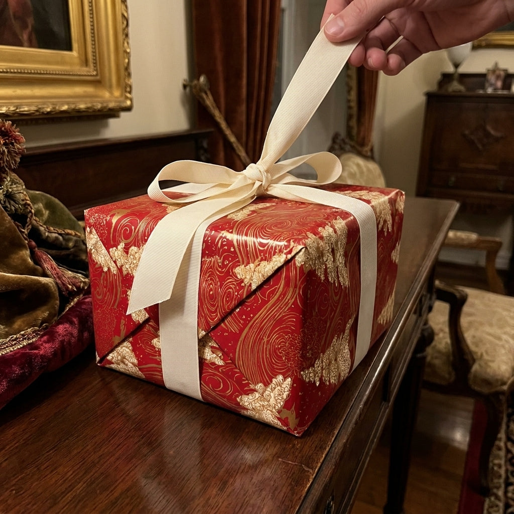 Hand untying cream ribbon on luxury red and gold Christmas wrapping paper by Wrapped Studios.