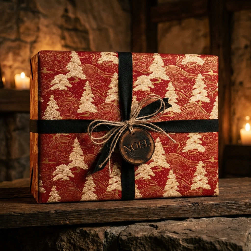 Luxury red and gold Christmas wrapping paper with pine trees, black ribbon, and a Noel tag by Wrapped Studios.