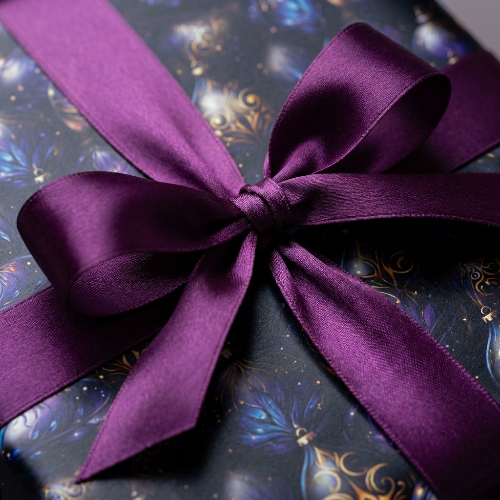 Luxury Christmas wrapping paper with elegant blue and gold ornaments and a purple satin bow, by Wrapped Studios.