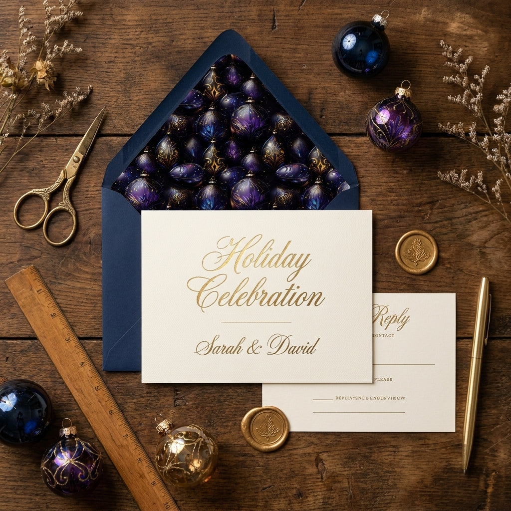 Elegant holiday invitation card with luxury ornament envelope liner by Wrapped Studios.