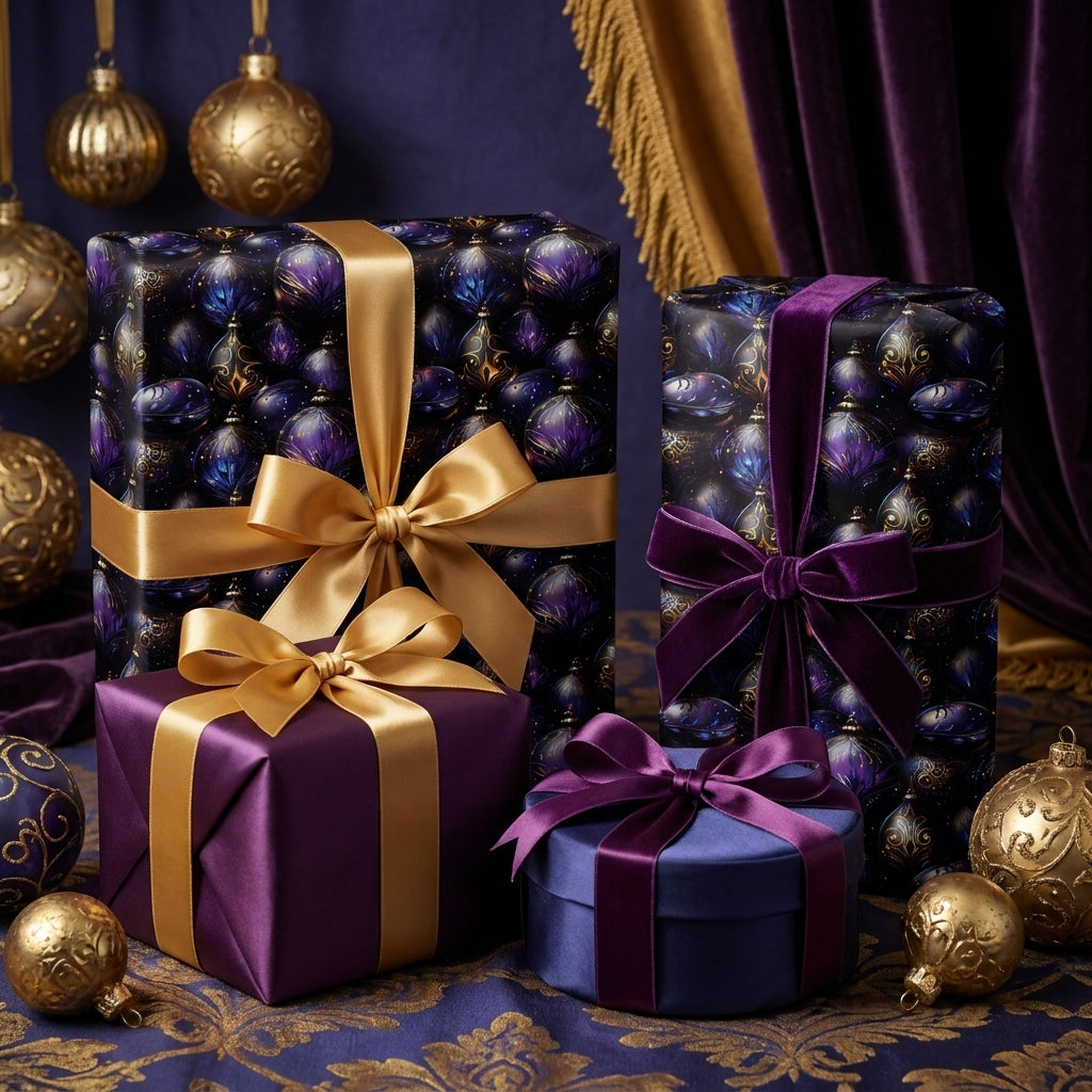 Luxury purple Christmas wrapping paper with elegant gold ribbons and ornament designs by Wrapped Studios.