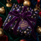 Luxury Christmas wrapping paper with purple ornament pattern and velvet bow by Wrapped Studios.