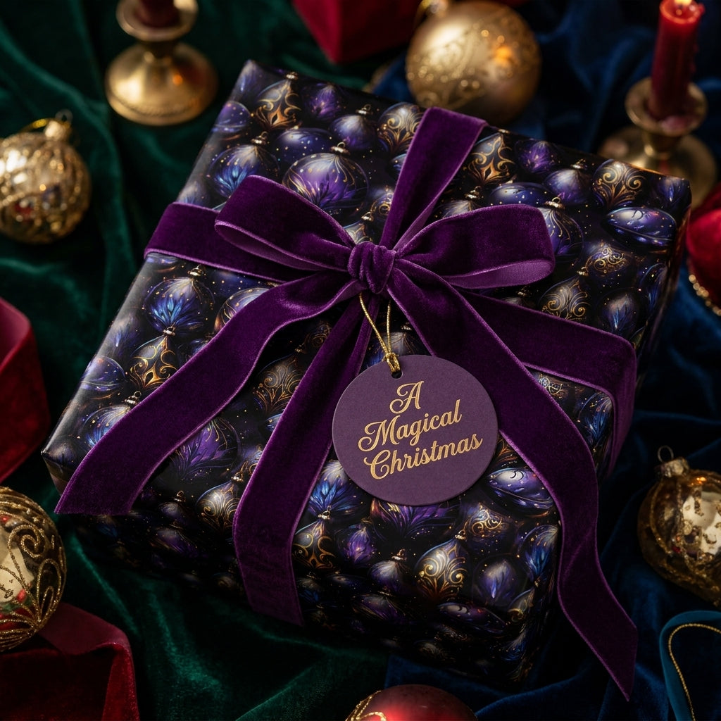 Luxury Christmas wrapping paper with purple ornament pattern and velvet bow by Wrapped Studios.