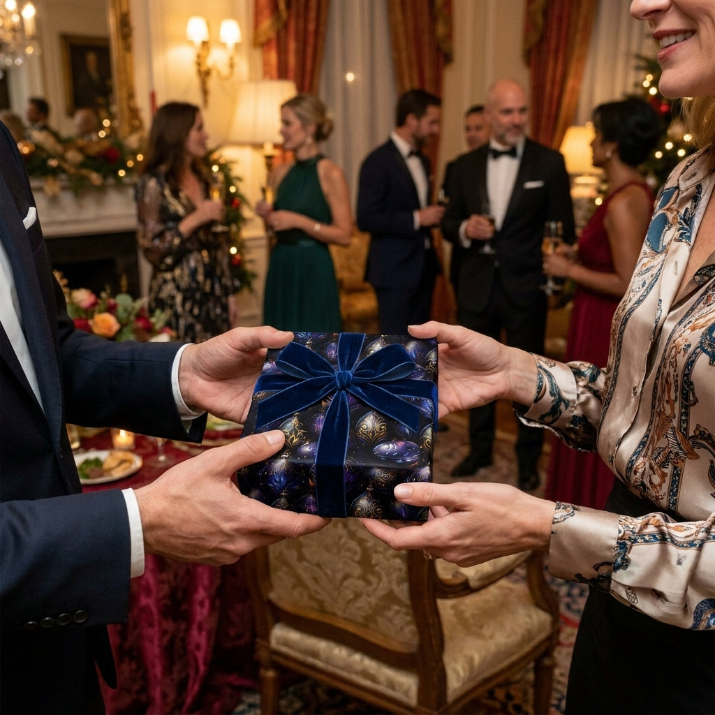 Exchanging a holiday present in luxury Christmas wrapping paper with a velvet bow by Wrapped Studios.