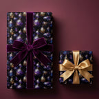 Purple luxury Christmas wrapping paper with elegant ornament pattern and velvet bow by Wrapped Studios.