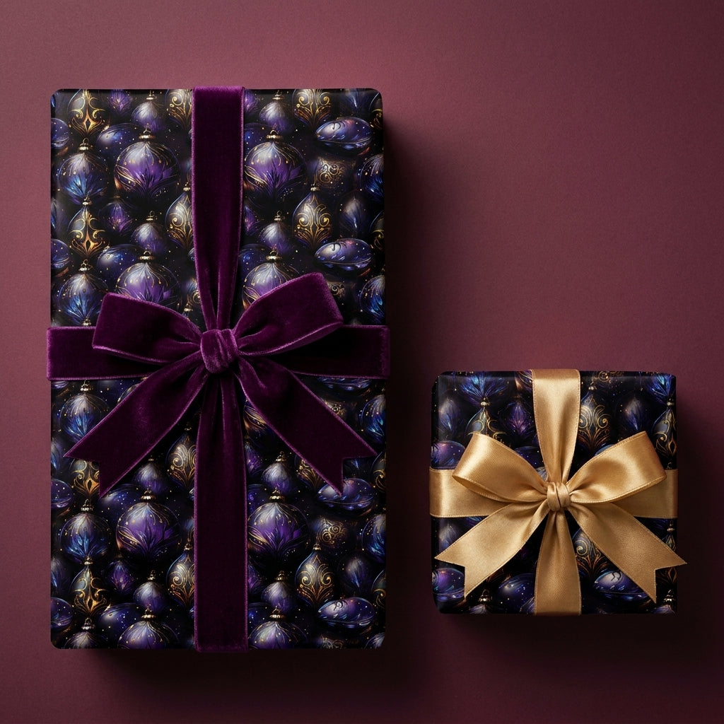 Purple luxury Christmas wrapping paper with elegant ornament pattern and velvet bow by Wrapped Studios.