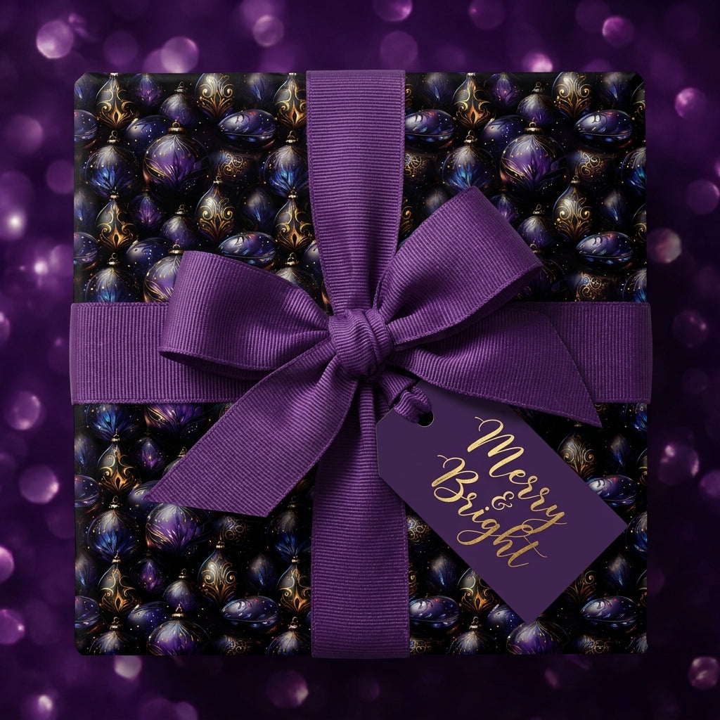Luxury purple Christmas wrapping paper with elegant ornament pattern and ribbon, by Wrapped Studios.