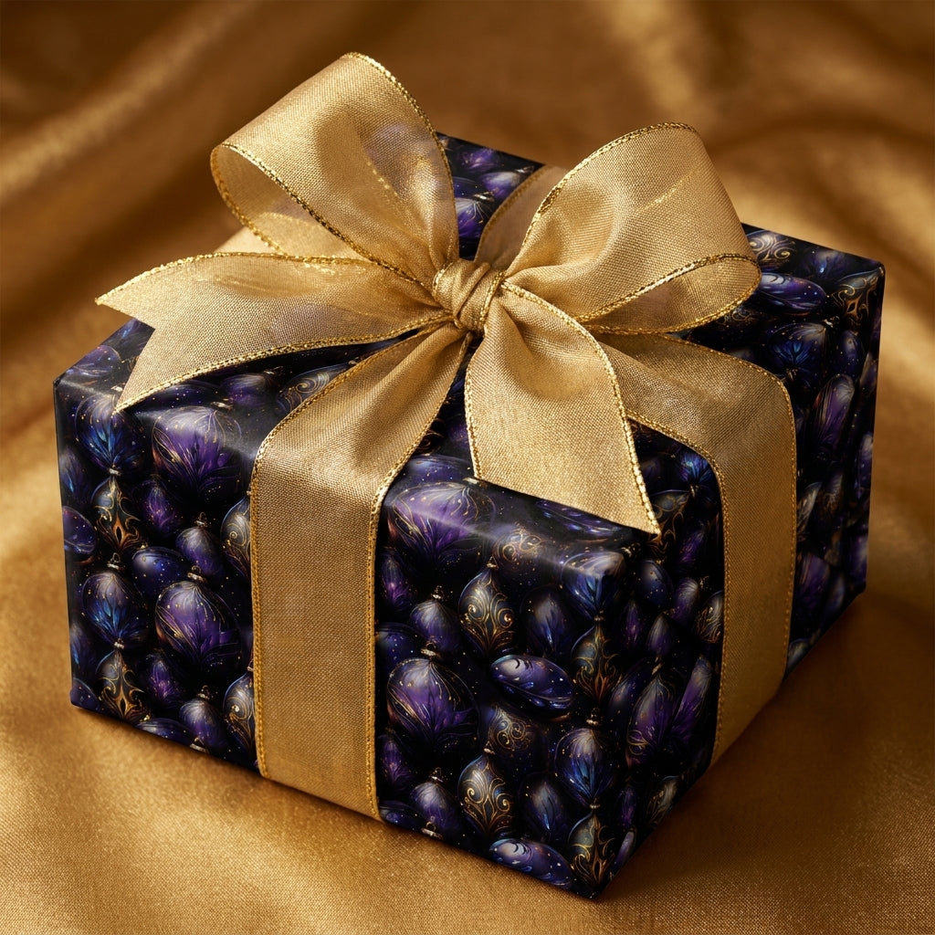 Luxury purple and gold ornament Christmas wrapping paper on a gift box with gold bow by Wrapped Studios.